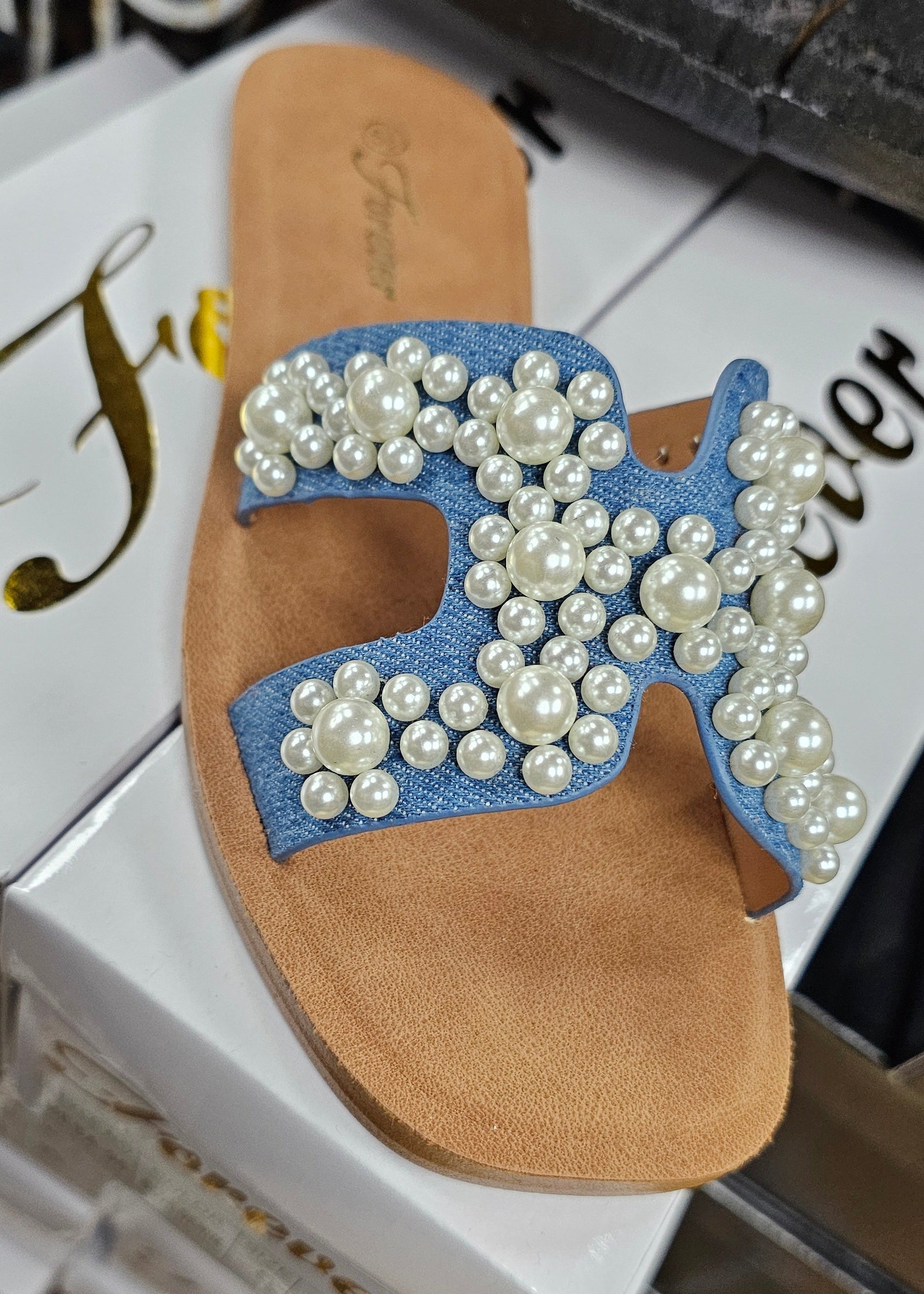 Denim and Pearl Sandals